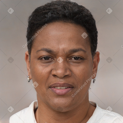 Joyful black adult female with short  brown hair and brown eyes