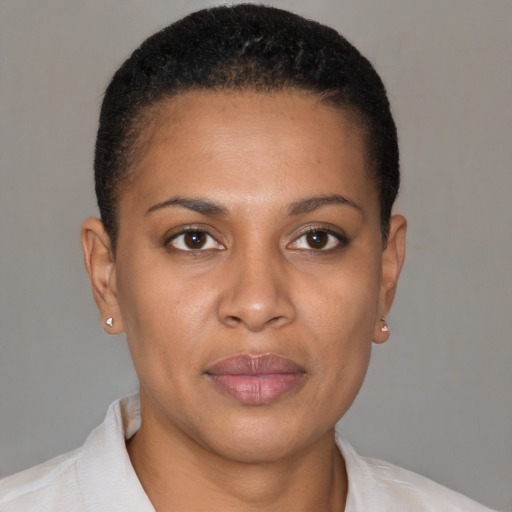 Joyful black young-adult female with short  brown hair and brown eyes