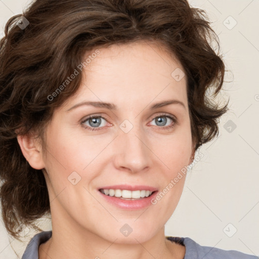 Joyful white young-adult female with medium  brown hair and green eyes