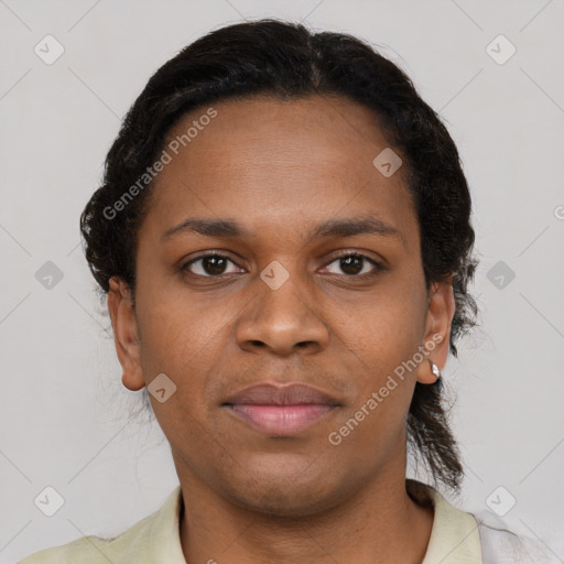 Neutral black young-adult female with short  brown hair and brown eyes