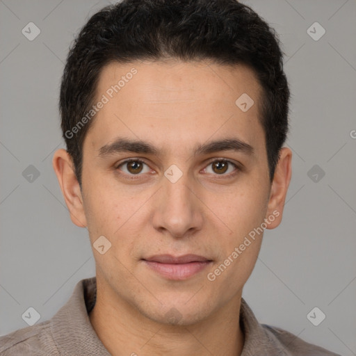 Joyful white young-adult male with short  brown hair and brown eyes