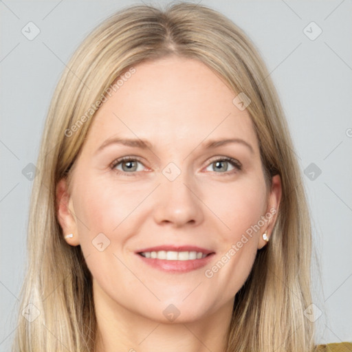 Joyful white young-adult female with long  brown hair and grey eyes