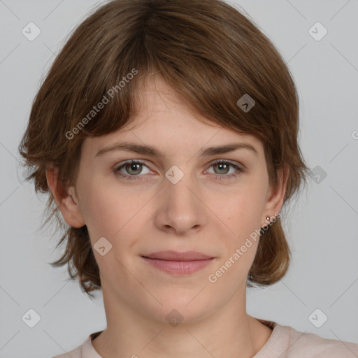 Joyful white young-adult female with medium  brown hair and grey eyes