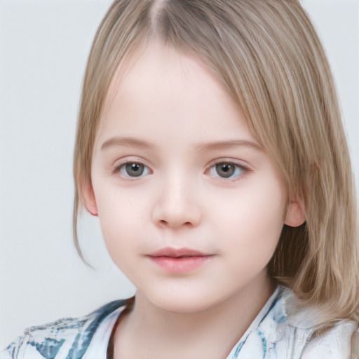 Neutral white child female with medium  brown hair and grey eyes