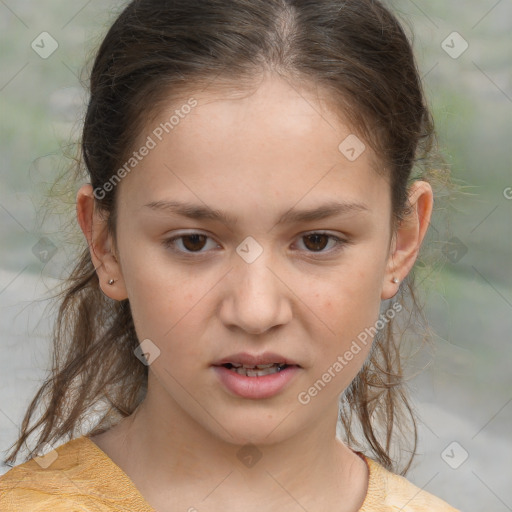 Joyful white child female with medium  brown hair and brown eyes