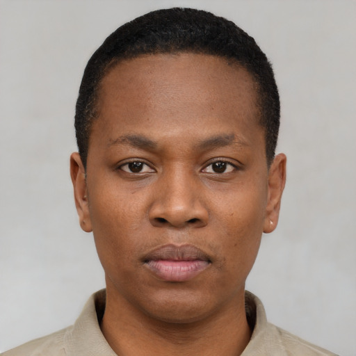 Neutral black young-adult male with short  black hair and brown eyes