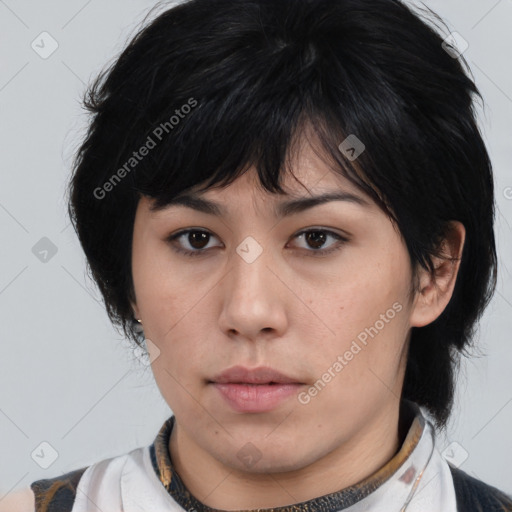 Neutral asian young-adult female with medium  brown hair and brown eyes