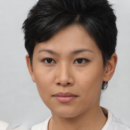 Neutral asian young-adult female with short  brown hair and brown eyes