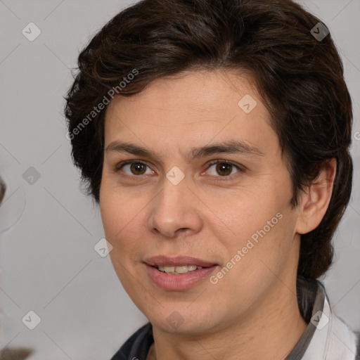 Joyful white adult female with medium  brown hair and brown eyes