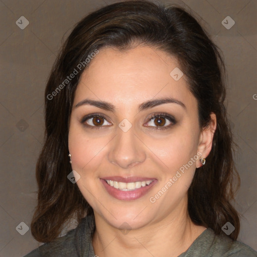 Joyful white young-adult female with medium  brown hair and brown eyes