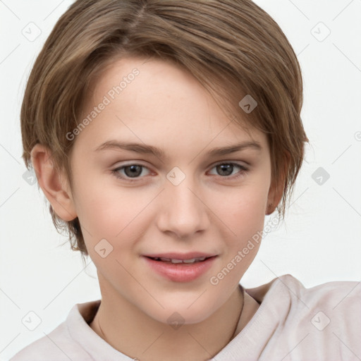 Joyful white child female with medium  brown hair and brown eyes