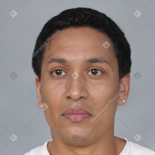 Neutral latino adult male with short  black hair and brown eyes