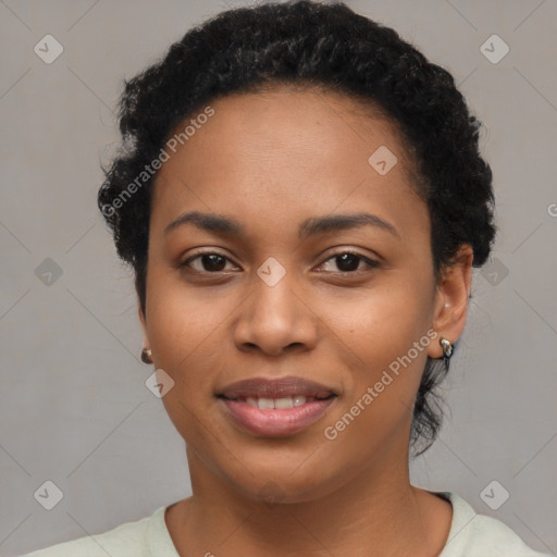 Joyful latino young-adult female with short  black hair and brown eyes