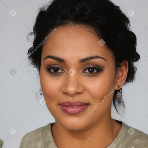 Joyful latino young-adult female with medium  black hair and brown eyes