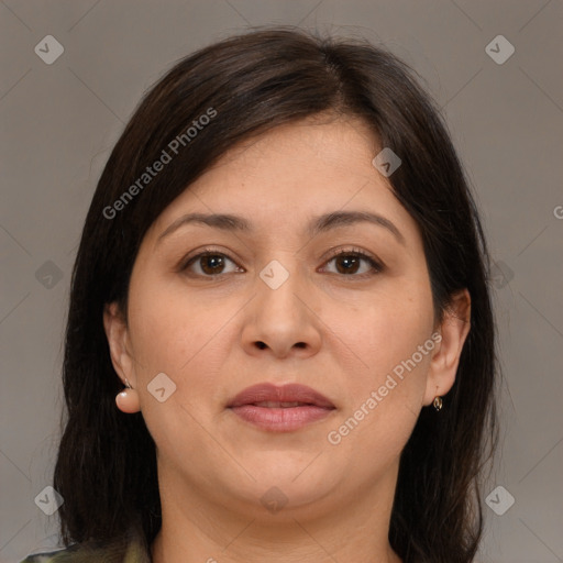 Joyful white adult female with medium  brown hair and brown eyes