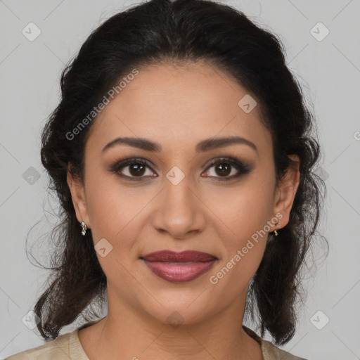 Joyful latino young-adult female with medium  brown hair and brown eyes