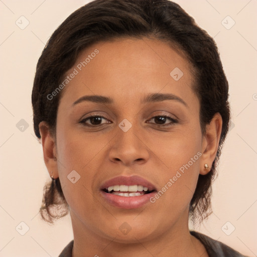 Joyful white young-adult female with medium  brown hair and brown eyes