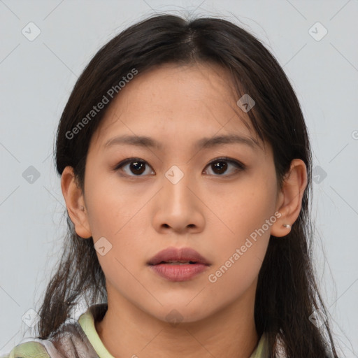 Neutral asian young-adult female with medium  brown hair and brown eyes