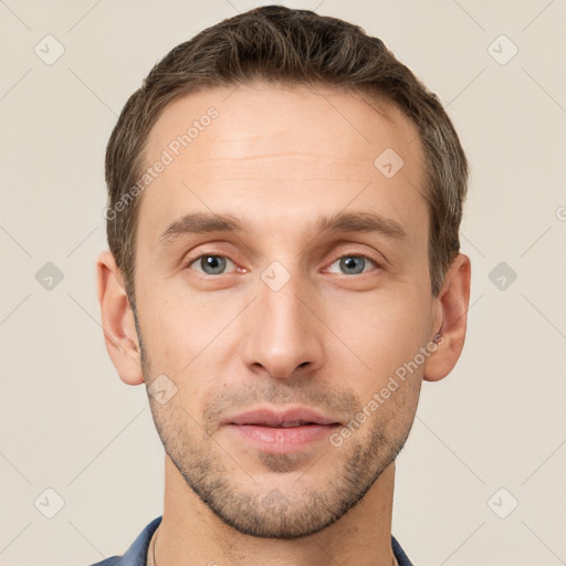 Neutral white young-adult male with short  brown hair and grey eyes