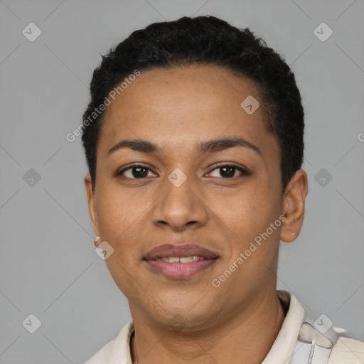 Joyful latino young-adult female with short  black hair and brown eyes