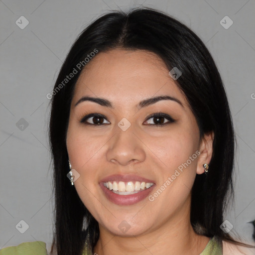 Joyful asian young-adult female with medium  black hair and brown eyes