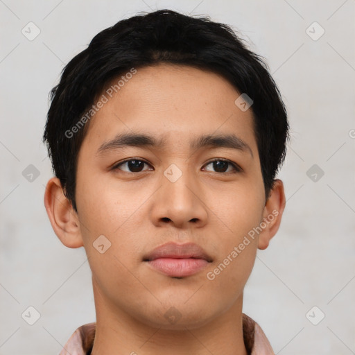 Neutral asian young-adult male with short  black hair and brown eyes