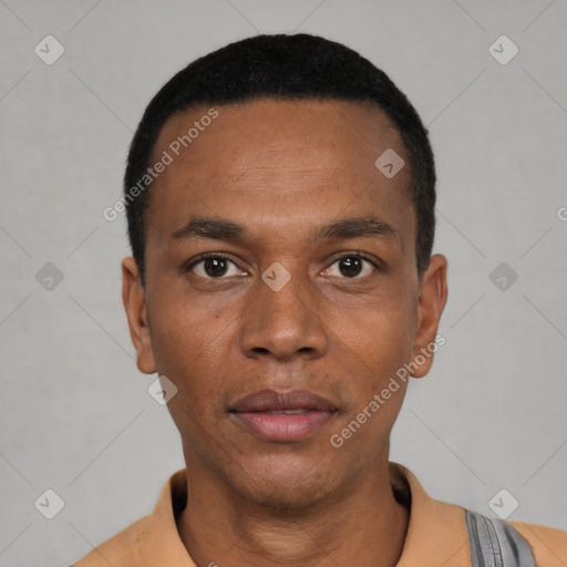 Neutral latino young-adult male with short  black hair and brown eyes