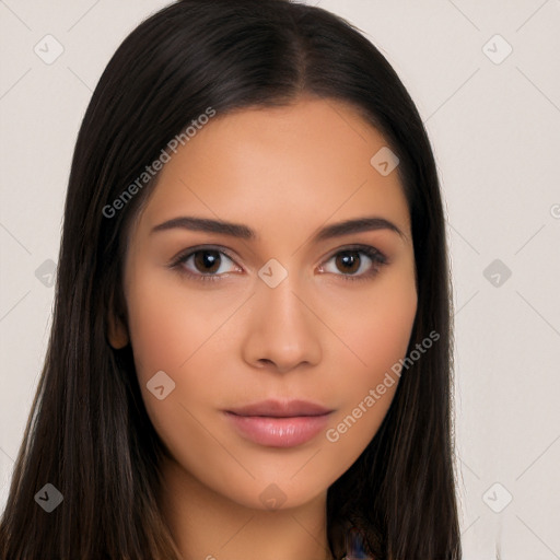 Neutral asian young-adult female with long  brown hair and brown eyes