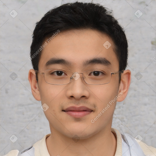 Neutral asian young-adult male with short  brown hair and brown eyes