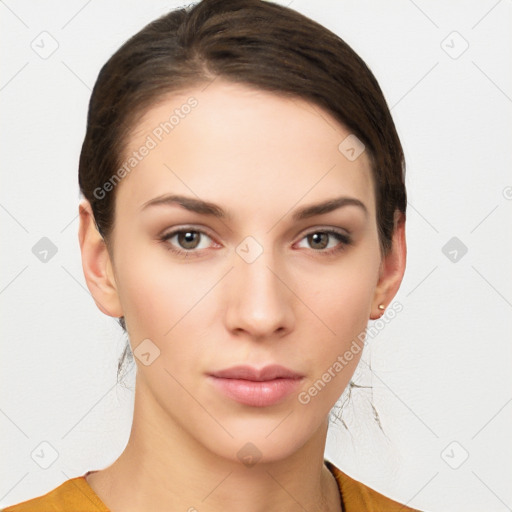 Neutral white young-adult female with medium  brown hair and brown eyes