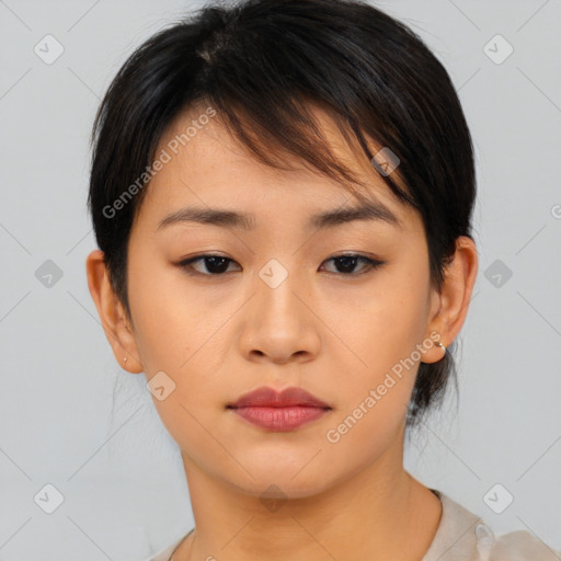 Neutral asian young-adult female with short  brown hair and brown eyes