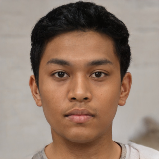 Neutral asian young-adult male with short  black hair and brown eyes