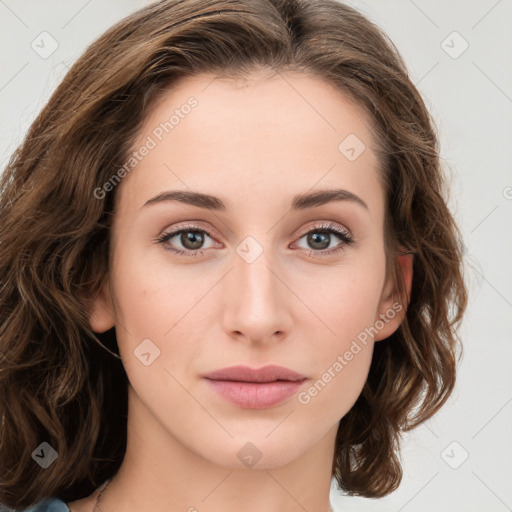 Joyful white young-adult female with long  brown hair and green eyes