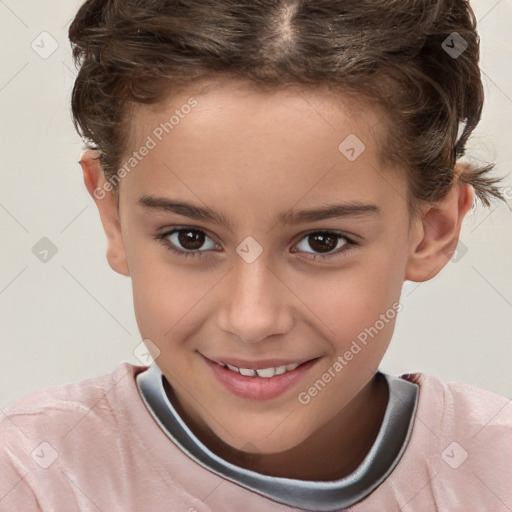 Joyful white child female with short  brown hair and brown eyes