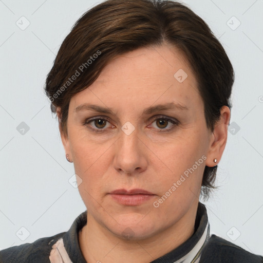 Neutral white adult female with short  brown hair and brown eyes