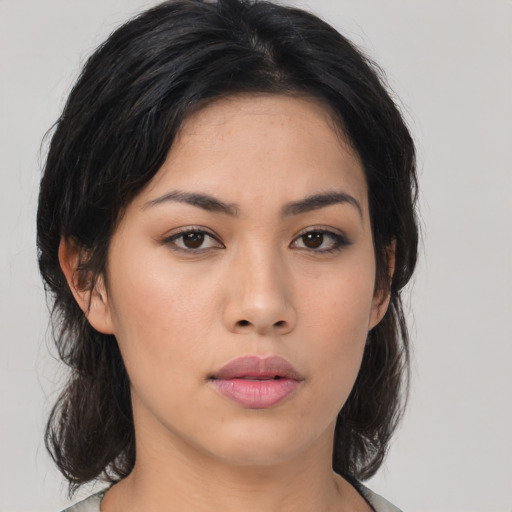 Neutral asian young-adult female with medium  black hair and brown eyes