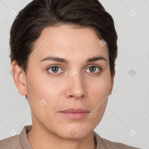 Neutral white young-adult female with short  brown hair and brown eyes