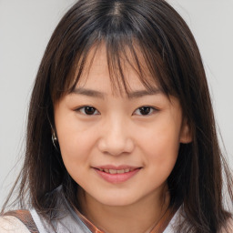 Joyful white child female with medium  brown hair and brown eyes