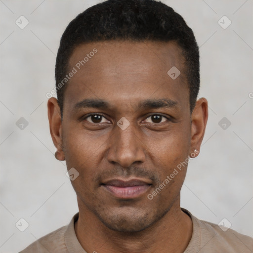 Neutral black young-adult male with short  black hair and brown eyes