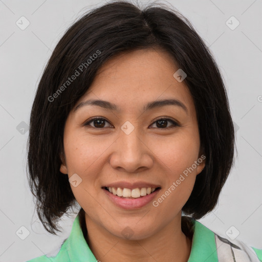 Joyful white young-adult female with medium  brown hair and brown eyes