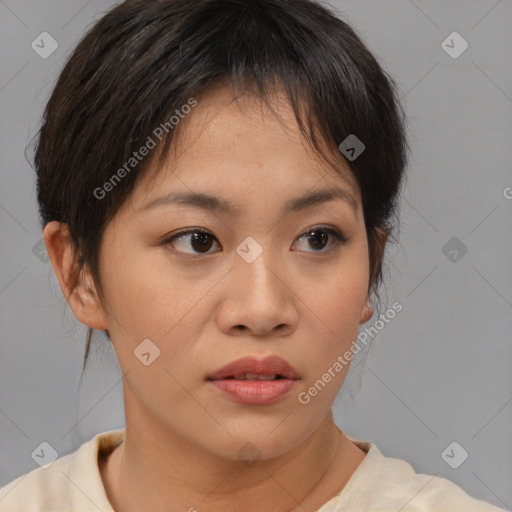 Neutral asian young-adult female with medium  brown hair and brown eyes