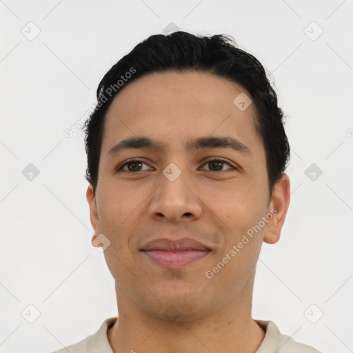 Neutral latino young-adult male with short  black hair and brown eyes