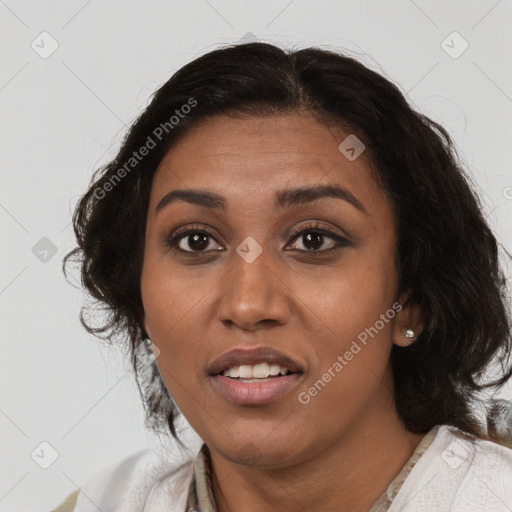 Joyful asian young-adult female with medium  black hair and brown eyes