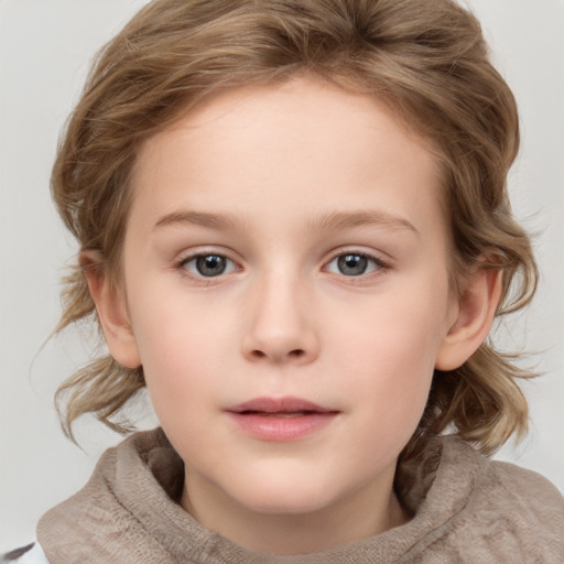 Neutral white child female with medium  brown hair and grey eyes