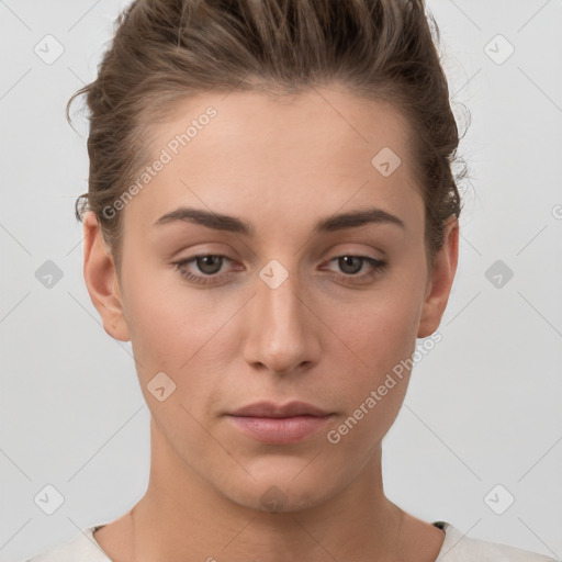 Neutral white young-adult female with short  brown hair and brown eyes