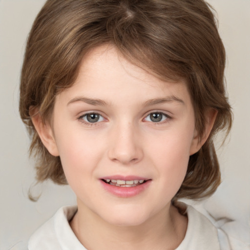 Joyful white child female with medium  brown hair and grey eyes