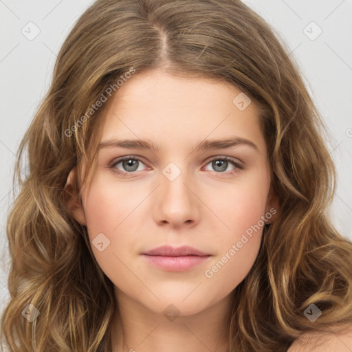 Neutral white young-adult female with long  brown hair and brown eyes