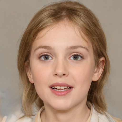 Joyful white child female with medium  brown hair and blue eyes