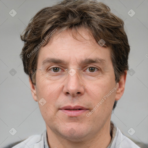 Neutral white adult male with short  brown hair and grey eyes