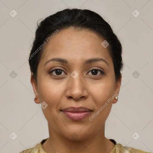 Joyful latino young-adult female with short  brown hair and brown eyes